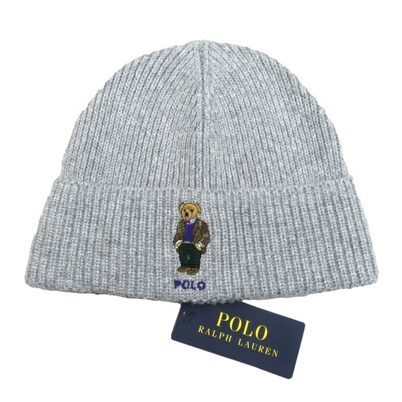 Polo Ralph Lauren RL Embroidered Bear Grey Beanie Cap One Size Fit NEW